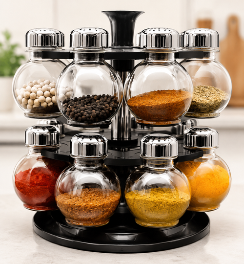 16-Jar 360° Rotating Spice Rack Organizer with Premium Transparent Spice Jars | Kitchen Masala Storage Stand