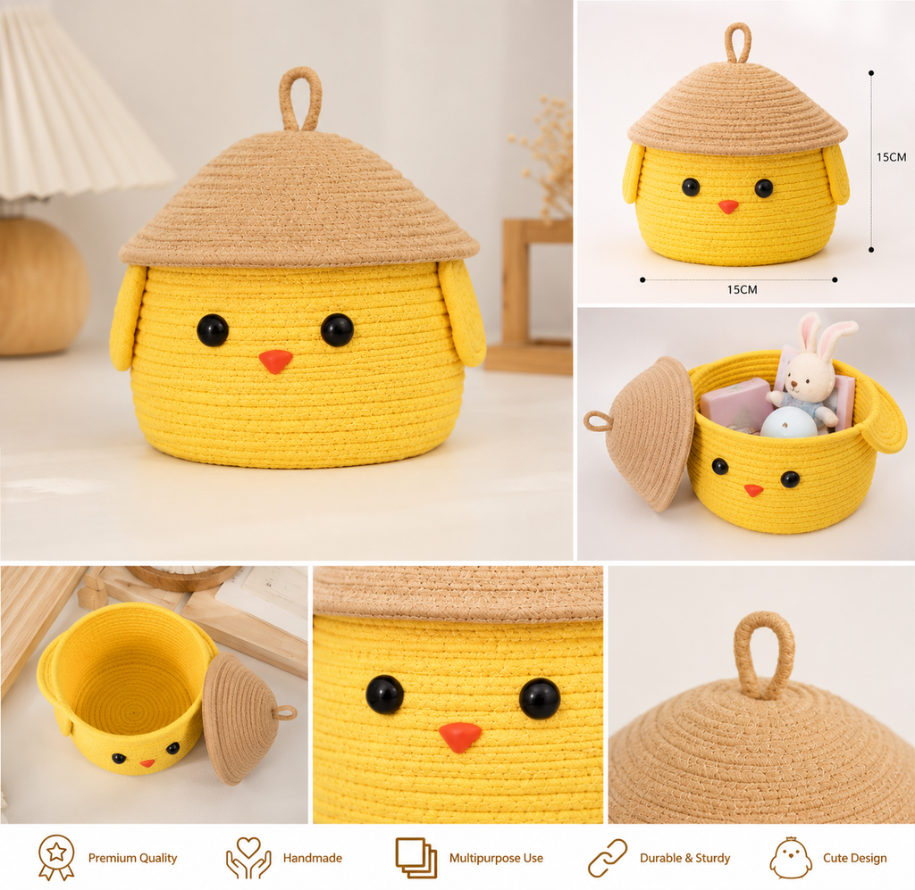 Cute Chick Cotton Rope Storage Basket with Lid | Handmade Decorative Organizer Box for Toys, Cosmetics, Baby Items & Home Decor