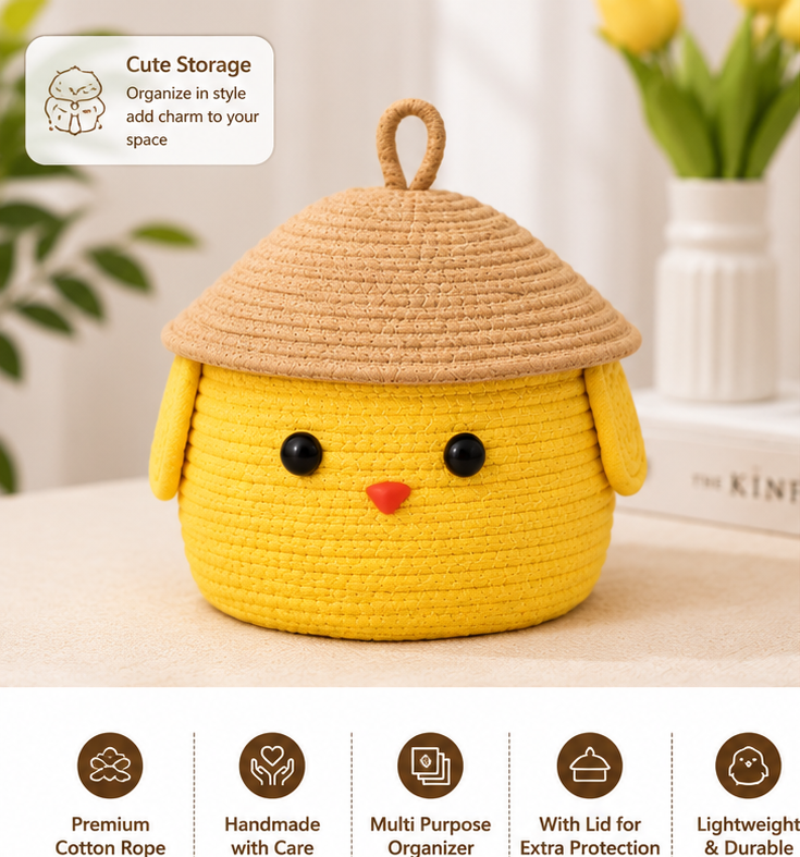 Cute Chick Cotton Rope Storage Basket with Lid | Handmade Decorative Organizer Box for Toys, Cosmetics, Baby Items & Home Decor