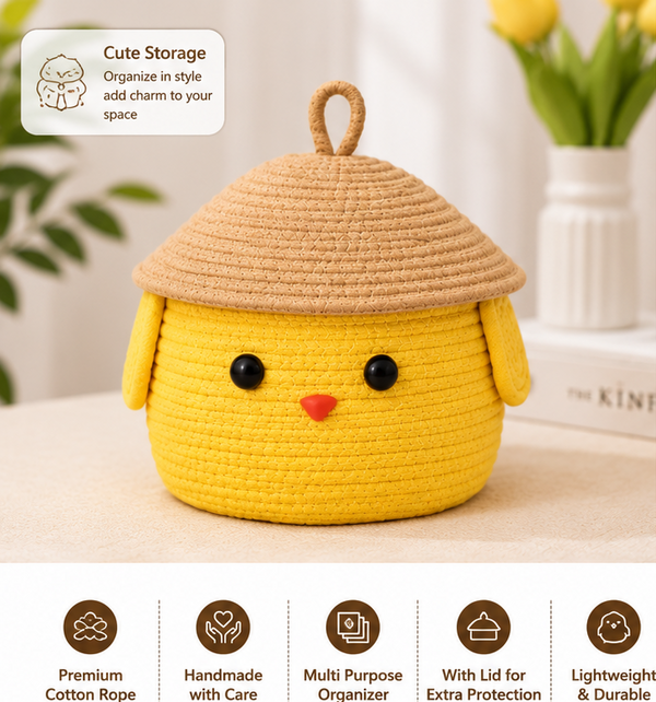 Cute Chick Cotton Rope Storage Basket with Lid | Handmade Decorative Organizer Box for Toys, Cosmetics, Baby Items & Home Decor