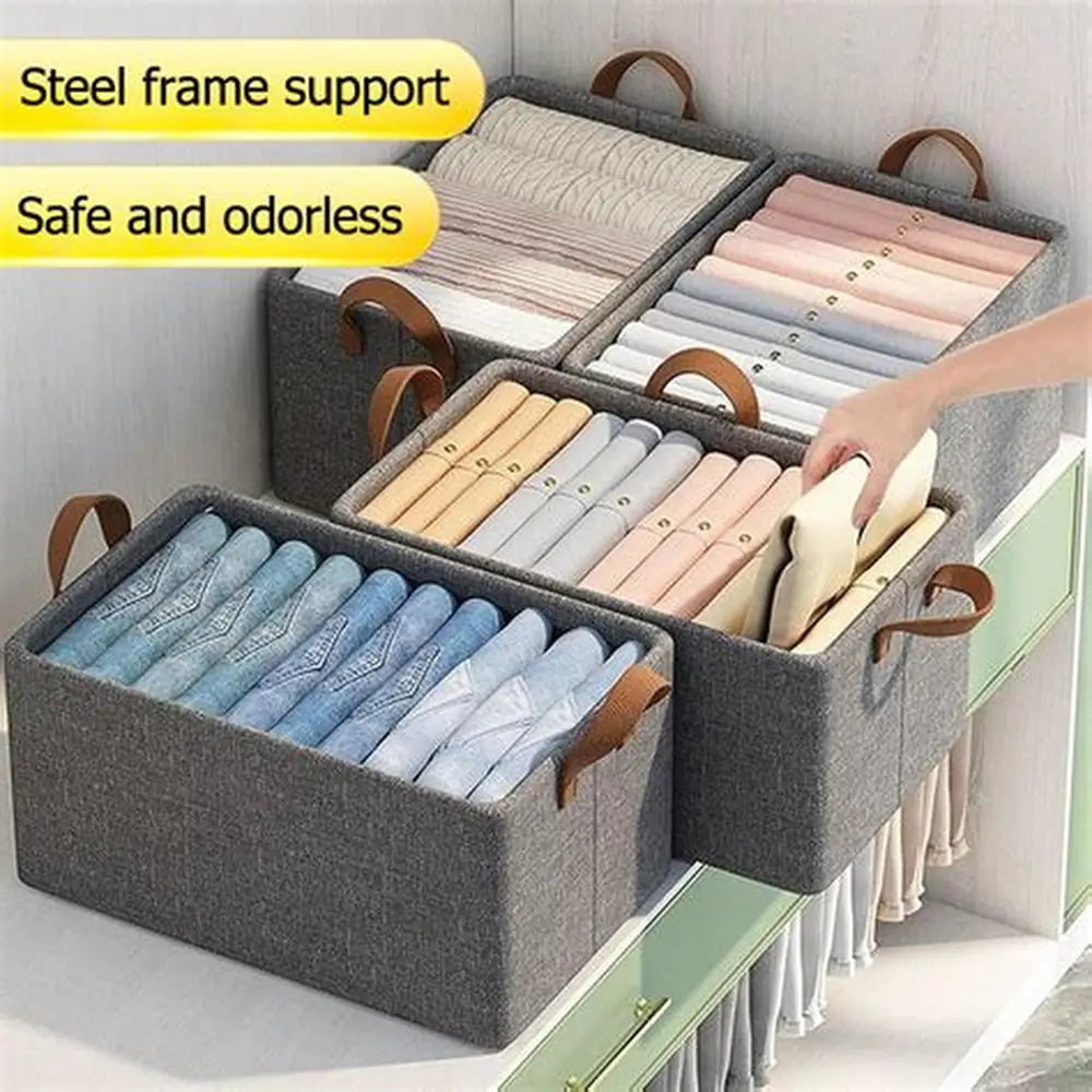 Foldable Clothes Storage Organizer Box with Steel Frame pack of 2 | Large Fabric Wardrobe Organizer Bin for Clothes