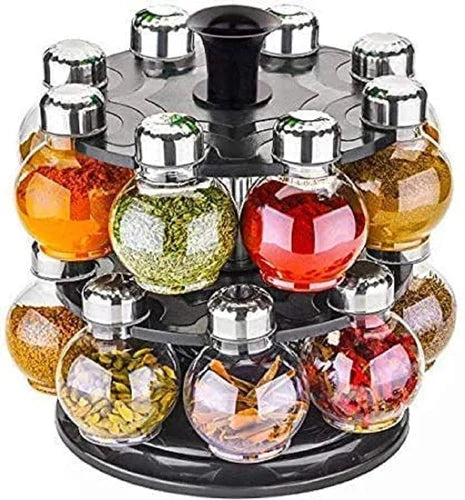 16-Jar 360° Rotating Spice Rack Organizer with Premium Transparent Spice Jars | Kitchen Masala Storage Stand
